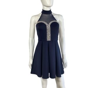 A’gaci Navy Blue Jeweled Mini Halter Dress